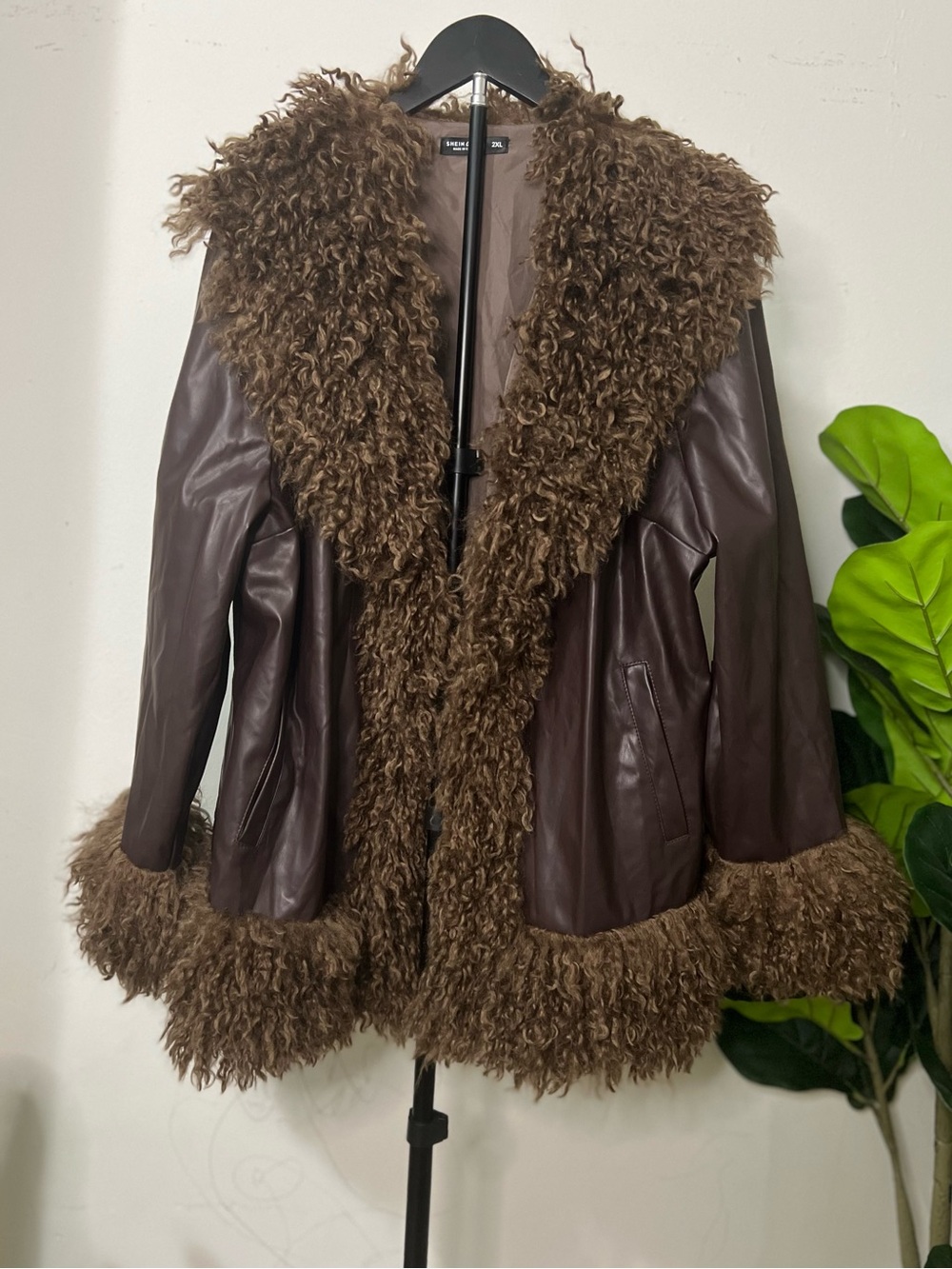 SHEIN Curve 2XL Brown Faux Leather Mongolian Fur Trim Coat Y2K Boho